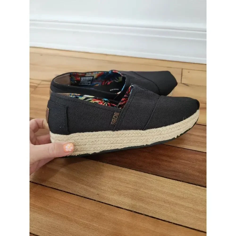 BOBS Skechers Womens 6 Espadrille Slip-On Black Linen Comfort Shoes Memory Foam